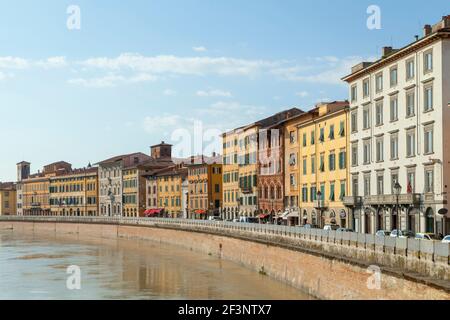 Pisa is a medieval city at the mouth of the River Arno, in Tuscany. Known for  the beautiful medieval Campo dei Miracoli, home to the Leaning Tower of Stock Photo