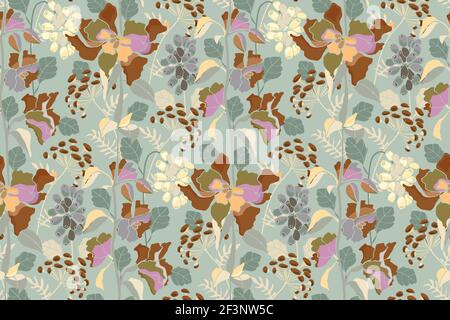 Vector floral seamless pattern. Spring, summer flowers, herbs and berries. Stock Vector