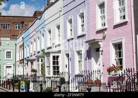 Colourful Georgian terraced houses, Bywater Street, Chelsea, London, SW3. Stock Photo