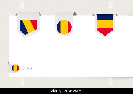 Label flag collection of Chad in different shape. Ribbon flag template of Chad hanging from paper or different surface. Stock Vector