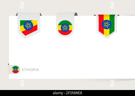 Label flag collection of Ethiopia in different shape. Ribbon flag template of Ethiopia hanging from paper or different surface. Stock Vector