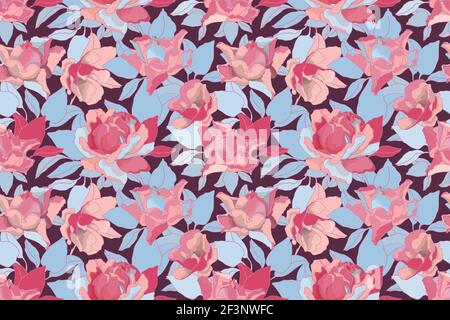 Vector floral seamless pattern. Pink roses and blue leaves isolated on a vinous background. Stock Vector