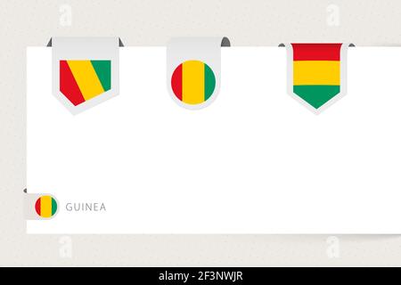 Label flag collection of Guinea in different shape. Ribbon flag template of Guinea hanging from paper or different surface. Stock Vector