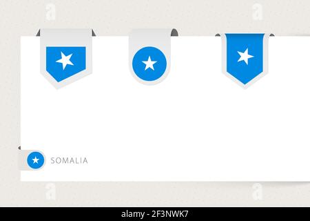 Label flag collection of Somalia in different shape. Ribbon flag template of Somalia hanging from paper or different surface. Stock Vector
