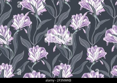 Art floral vector seamless pattern. Delicate purple Ipomoea, morning glory, isolated on a deep grey background. Curly flowers with grey leaves. Stock Vector