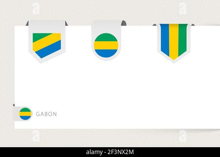 Label flag collection of Gabon in different shape. Ribbon flag template of Gabon hanging from paper or different surface. Stock Vector