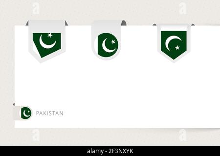 Label flag collection of Pakistan in different shape. Ribbon flag template of Pakistan hanging from paper or different surface. Stock Vector