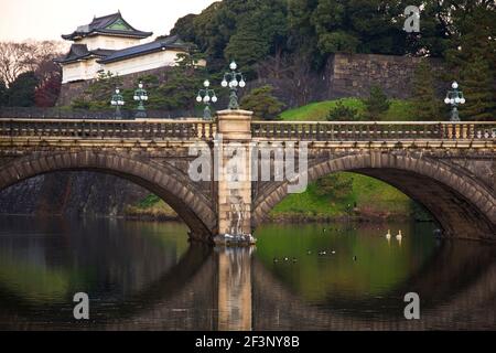 A pair of white swans swim past Nijubashi Bridge and Fushimi Yagura Watchtower at dawn at the Imperial Palace in central Tokyo, Japan. Stock Photo