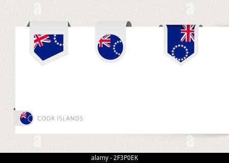 Label flag collection of Cook Islands in different shape. Ribbon flag template of Cook Islands hanging from paper or different surface. Stock Vector