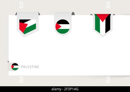 Label flag collection of Palestine in different shape. Ribbon flag template of Palestine hanging from paper or different surface. Stock Vector