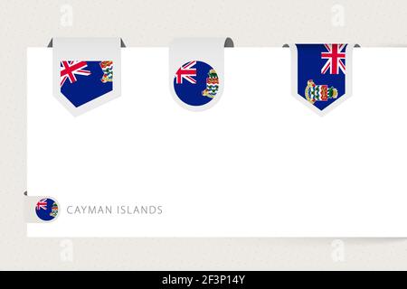 Label flag collection of Cayman Islands in different shape. Ribbon flag template of Cayman Islands hanging from paper or different surface. Stock Vector