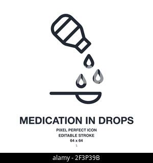 Medication in drops dosage form editable stroke outline icon isolated on white background vector illustration. Pixel perfect. 64 x 64. Stock Vector