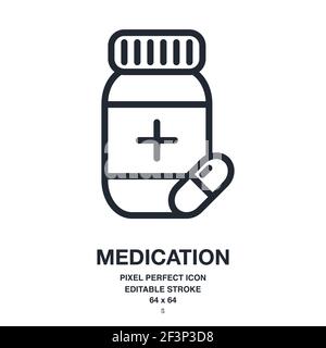 Medication and pill editable stroke outline icon isolated on white background vector illustration. Pixel perfect. 64 x 64. Stock Vector