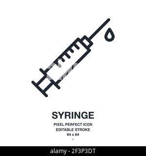Medical syringe editable stroke outline icon isolated on white background vector illustration. Pixel perfect. 64 x 64. Stock Vector