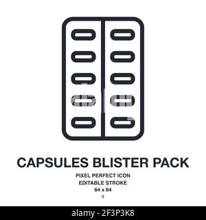 Capsules blister pack editable stroke outline icon isolated on white background vector illustration. Pixel perfect. 64 x 64. Stock Vector