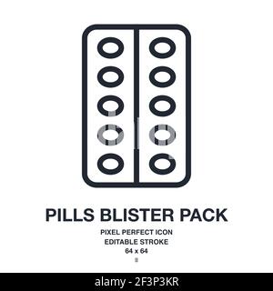Pills blister pack editable stroke outline icon isolated on white background vector illustration. Pixel perfect. 64 x 64. Stock Vector