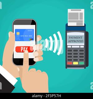 Pos terminal confirms the payment by smartphone. Stock Vector