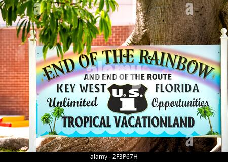 US 1 north scenic overseas highway sign for end of route in Florida keys in summer in Key West, Florida Stock Photo