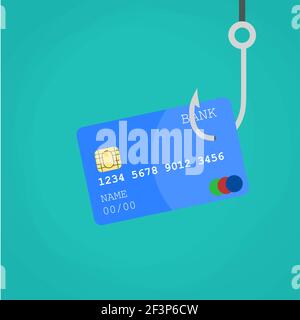 Data Phishing credit or debit card on fishing hook Stock Vector