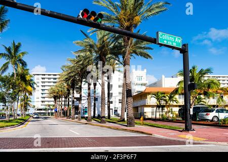 Art Deco historic district in South Beach, Florida with Collins avenue, Ocean drive street signs and stoplight traffic light in in summer Stock Photo