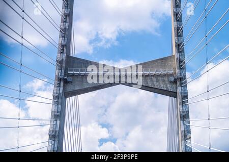 Looking up low angle view on Dames Point Napoleon Bonaparte Broward suspension cable-stayed bridge over St. Johns River in Jacksonville, Florida Inter Stock Photo