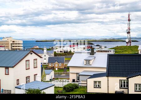 Stykkisholmur, Iceland Snaefellsnes peninsula in Vesturland, Iceland with houses buildings on cloudy day and cityscape of small town village