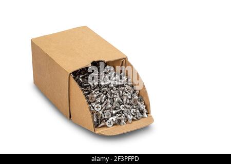 Metal screws in card-box on white background, with shadow Stock Photo
