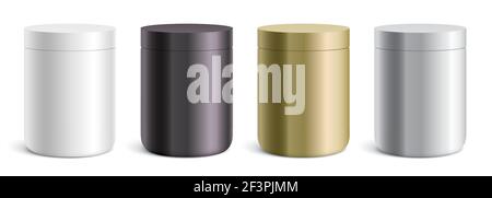 Vector set of round metallic containers. White, black, golden, and silver canisters standing isolated on a white background. Stock Vector