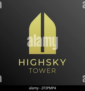 Abstract skyscraper logo design for hotel, real estate, or construction company. Minimal style golden vector symbol of a city tower. Stock Vector