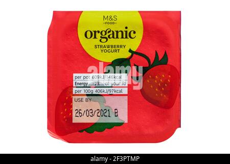 Pot of Organic Strawberry Yogurt made with British organic milk from M&S isolated on white background Stock Photo