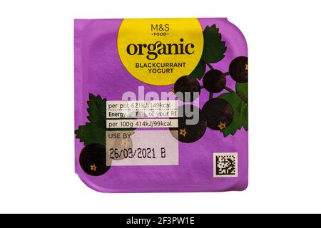 Pot of Organic Blackcurrant Yogurt made with British organic milk from M&S isolated on white background Stock Photo