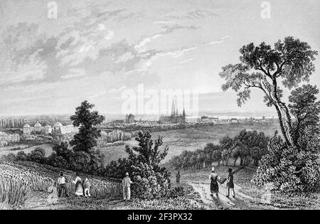 View from a hill on Bonn on the Rhine River, North Rhine-Westphalia, Germany, Steel engraving of 1832View if the town of Bonn, former German capital, Stock Photo
