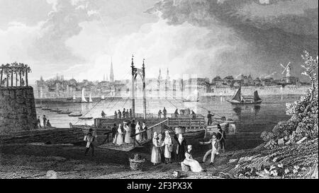 View of Bonn from the opposite river bank of the Rhine River, pier with a ferry boat, North Rhine-Westphalia,  Germany, Steel engraving of 1832 Stock Photo