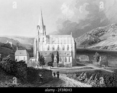 Church of the Virgin Mary in Oberwesel on the Rhine River, Rhineland-Palatinate, Germany, Steel engraving of 1832 Stock Photo