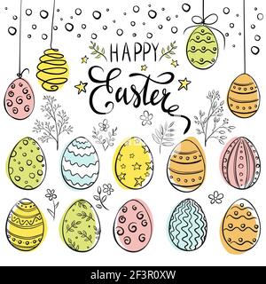 Hand drawn Easter eggs composition on white background with decorative elements: branches, flowers, stars and bubbles. Happy Easter vector illustration. Colorful eggs with pattern Stock Vector