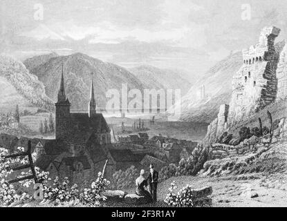 View of Bingen town from the surrounding hills, Rhine River, Rhineland-Palatinate, Germany, Steel engraving of 1832 Stock Photo