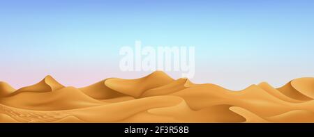 Muslim holiday banner concept. Realistic day time desert landscape with blue sky and clouds. Vector Greeting card for muslim festival Eid Al-Adha Stock Vector