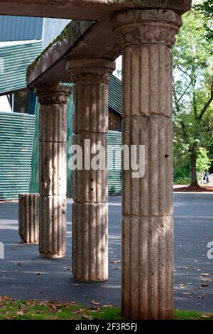 Columns remaining from original Mainz synagogue, burnt out in 1938 during Kristallnacht, rebuilt in 2010 by Manuel Herz., Germany Stock Photo