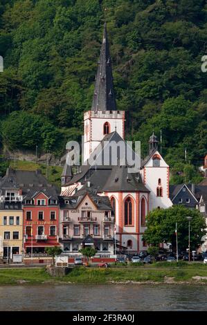 Blick von Osten ¸ber den Rhein, Sankt Goar, evangelische Stiftskirche Stock Photo