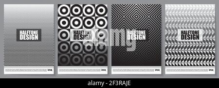 EPS10 Set of A4 covers with geometric shapes on halftone. Easy to adapt to your project. Perfect for any use. Stock Vector