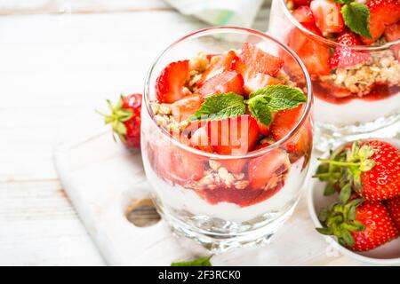 Greek yogurt parfait with strawberry. Stock Photo