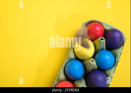 Multi-colored Easter eggs in an egg tray. Minimal concept. Card with copy space for text Stock Photo