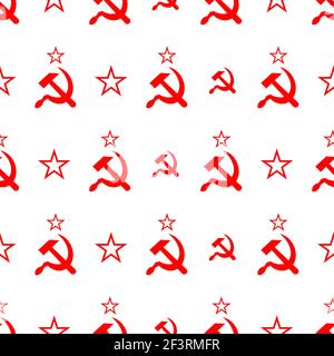 Red soviet sickle and hammer symbol on white, communist USSR seamless pattern Stock Vector