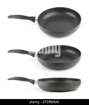 Set of empty frying pan isolated on white background with different angle of view Stock Photo