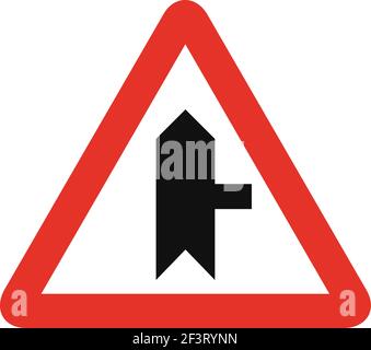 Triangular traffic signal in white and red, isolated on white background. Warning of side road on the right Stock Vector