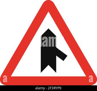 Triangular traffic signal in white and red, isolated on white background. Warning of sharp junction on the right Stock Vector