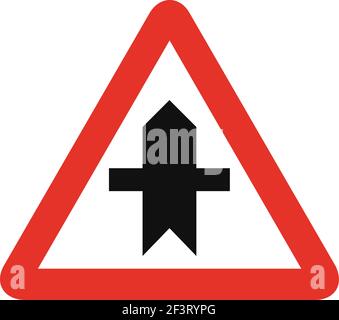 Triangular traffic signal in white and red, isolated on white background. Warning of crossroad ahead with priority Stock Vector