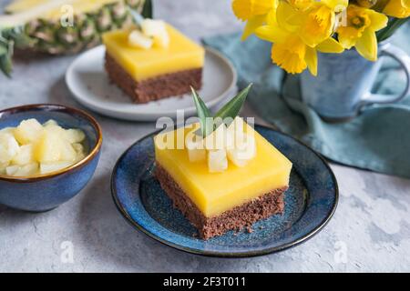 Cocoa cake with creamy pineapple pudding layer, topped with pineapple slices served on a ceramic plate Stock Photo