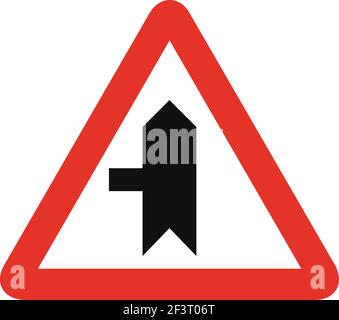 Triangular traffic signal in white and red, isolated on white background. Warning of side road on the left Stock Vector