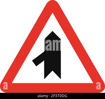 Triangular traffic signal in white and red, isolated on white background. Warning of sharp junction on the left Stock Vector